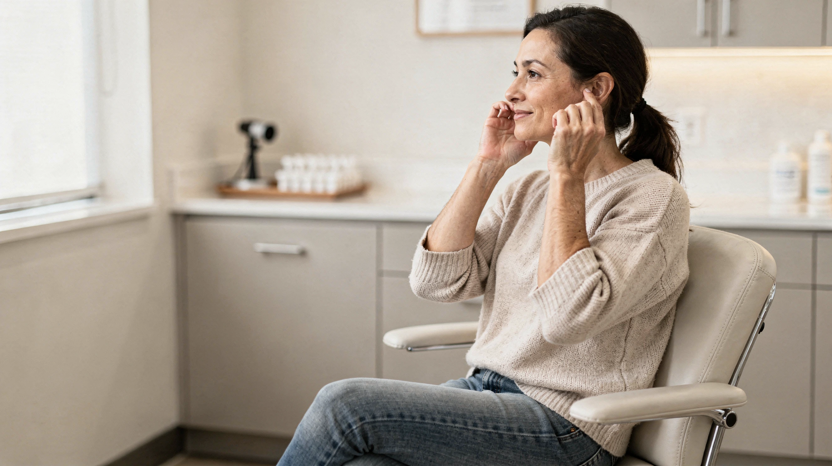 ENT doctor in navy scrubs discussing treatment with a patient in an examination room with ear, nose, and throat anatomy charts on the wall